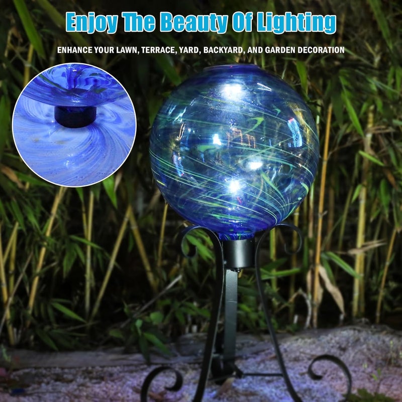VCUTEKA Solar Gazing Ball, Glass Gazing Balls Sphere with Solar Light for Garden Lawn Outdoor Ornament Yard Decorative, Blue Swirl, 10" - Image 5